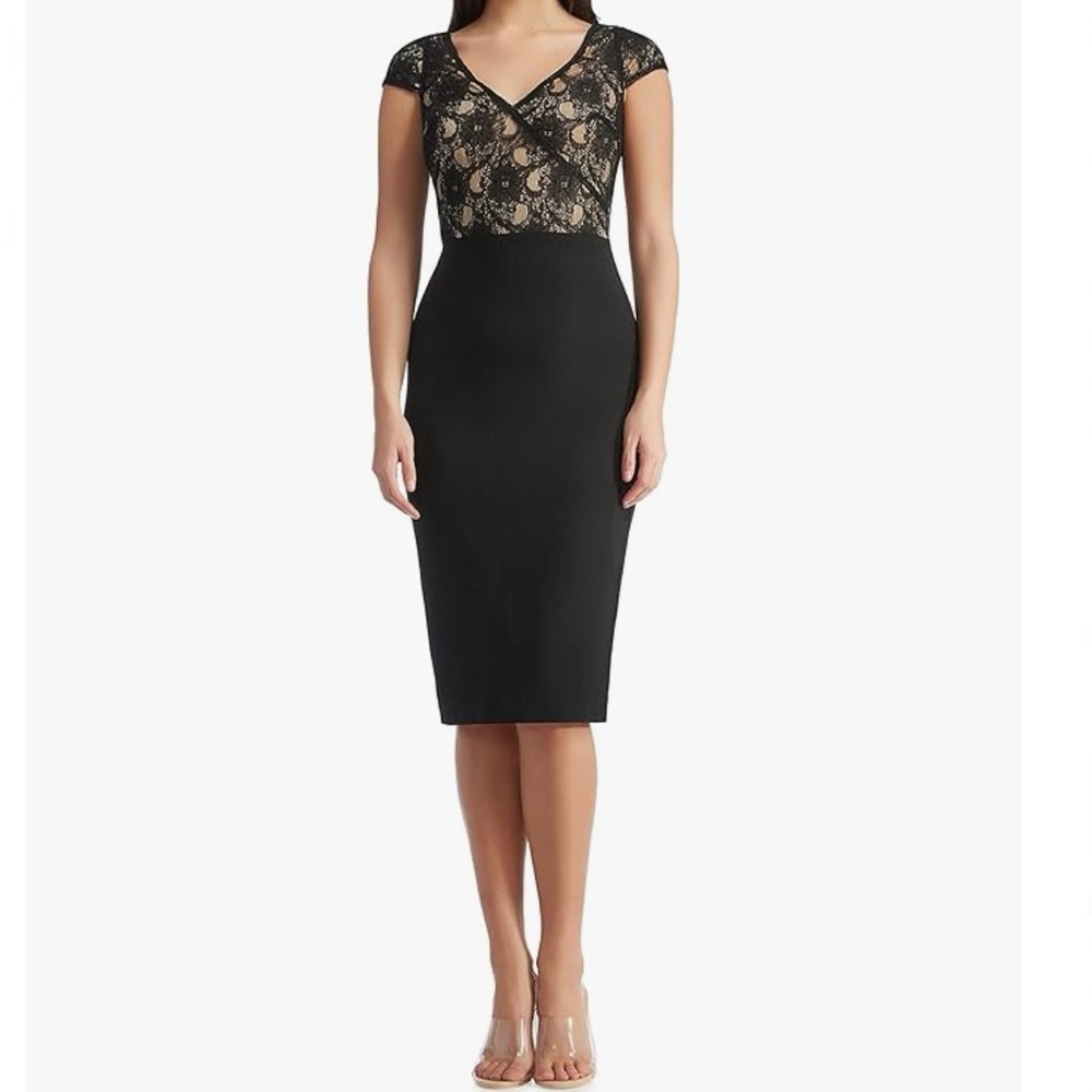 Dress the Population Black Midi Dress Lace Bodice Bodycon Jaleah Women’s Medium